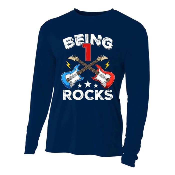 Being 1 Rocks Guitar One Year Old Funny 1st Birthday Cooling Performance Long Sleeve Crew