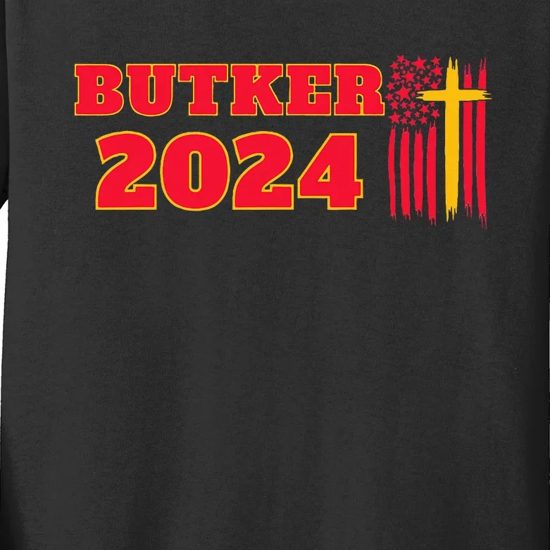 Butker 2024 American Flag Team Butker Surname Kids Long Sleeve Shirt