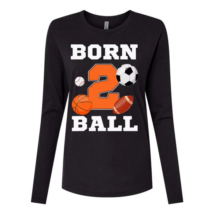 Born 2nd Ball Birthday Sport Ball Theme 2 Year Old Womens Cotton Relaxed Long Sleeve T-Shirt