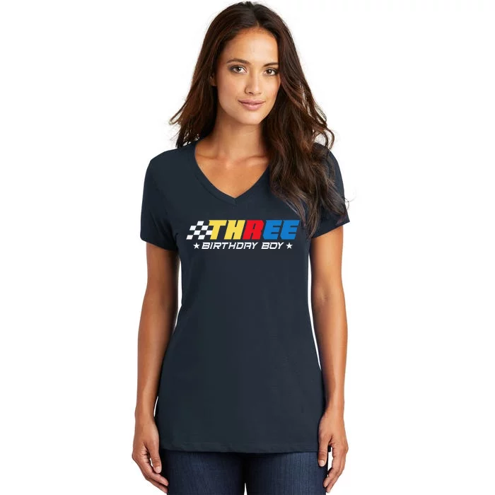 Birthday 3 Three Race Car 3rd Racing Pit Crew Driver Women's V-Neck T-Shirt