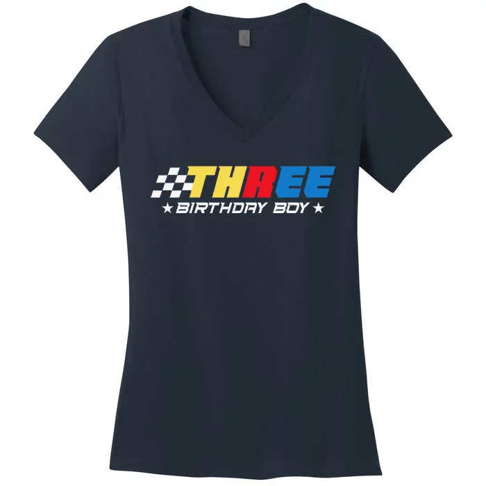 Birthday 3 Three Race Car 3rd Racing Pit Crew Driver Women's V-Neck T-Shirt