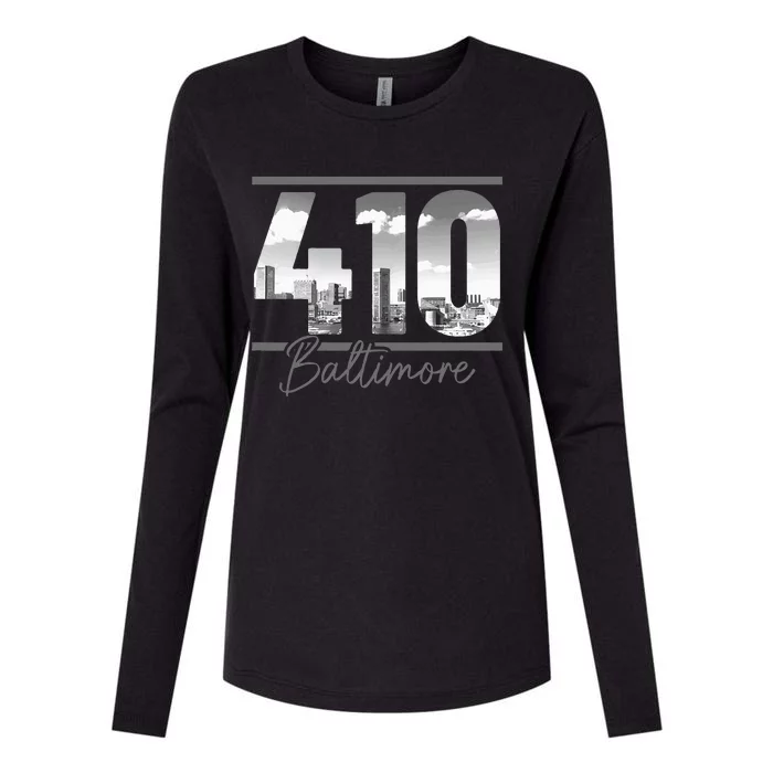 Baltimore 410 Area Code Skyline Maryland Vintage Womens Cotton Relaxed Long Sleeve T-Shirt