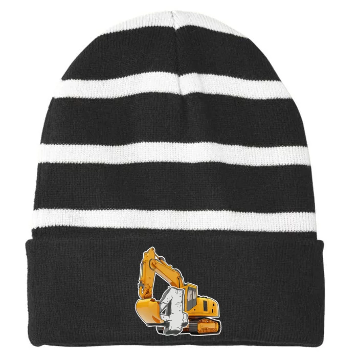 Birthday 4th Birthday Excavator Construction Vehicle Striped Beanie with Solid Band