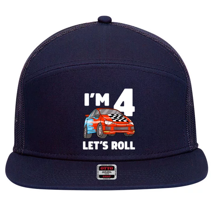 Birthday 4 Four Race Car 4th Birthday Racing Car 7 Panel Mesh Trucker Snapback Hat