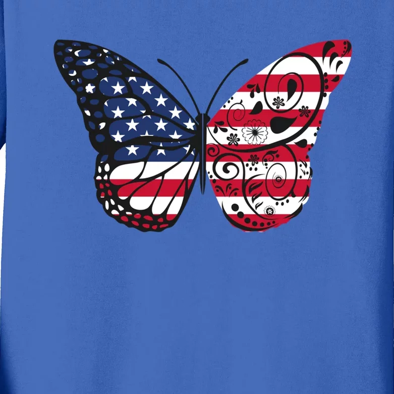 Butterfly 4th Of July American Flag Patriotic Gift Kids Long Sleeve Shirt