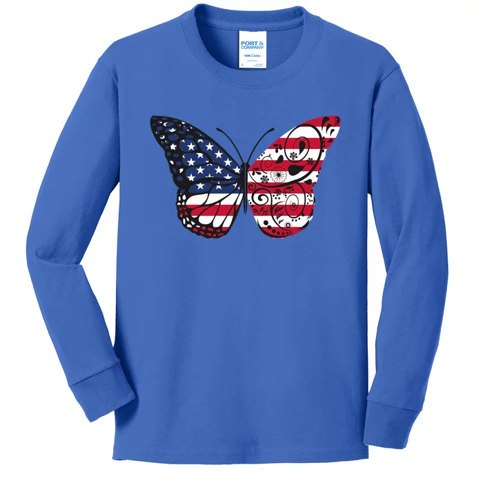 Butterfly 4th Of July American Flag Patriotic Gift Kids Long Sleeve Shirt