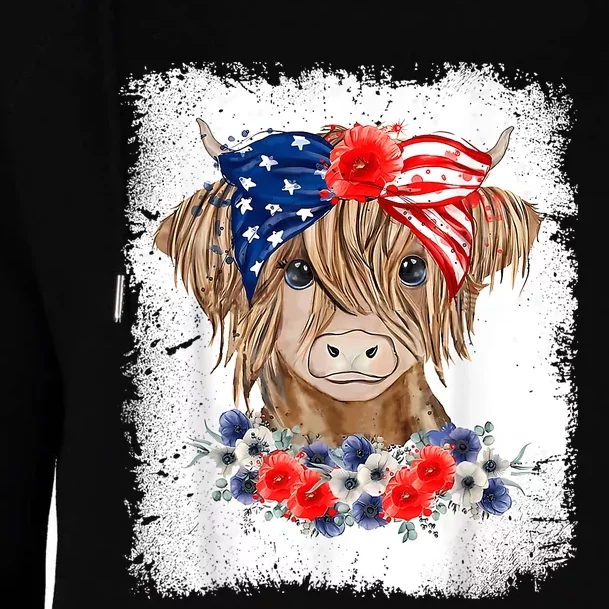 Bleached 4th Of July Long Haired Calf USA Patriotic Cow Womens Funnel Neck Pullover Hood