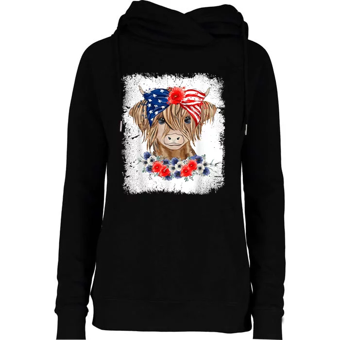 Bleached 4th Of July Long Haired Calf USA Patriotic Cow Womens Funnel Neck Pullover Hood