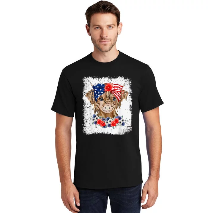 Bleached 4th Of July Long Haired Calf USA Patriotic Cow Tall T-Shirt