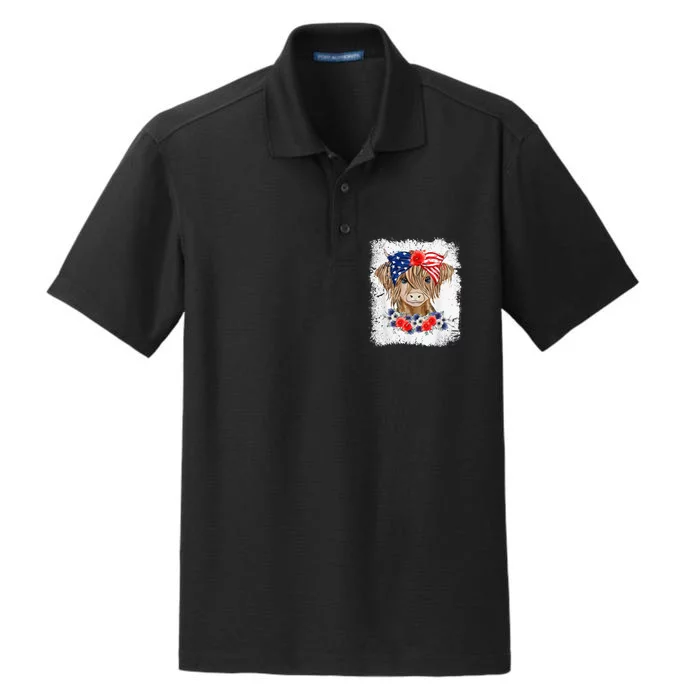 Bleached 4th Of July Long Haired Calf USA Patriotic Cow Dry Zone Grid Performance Polo