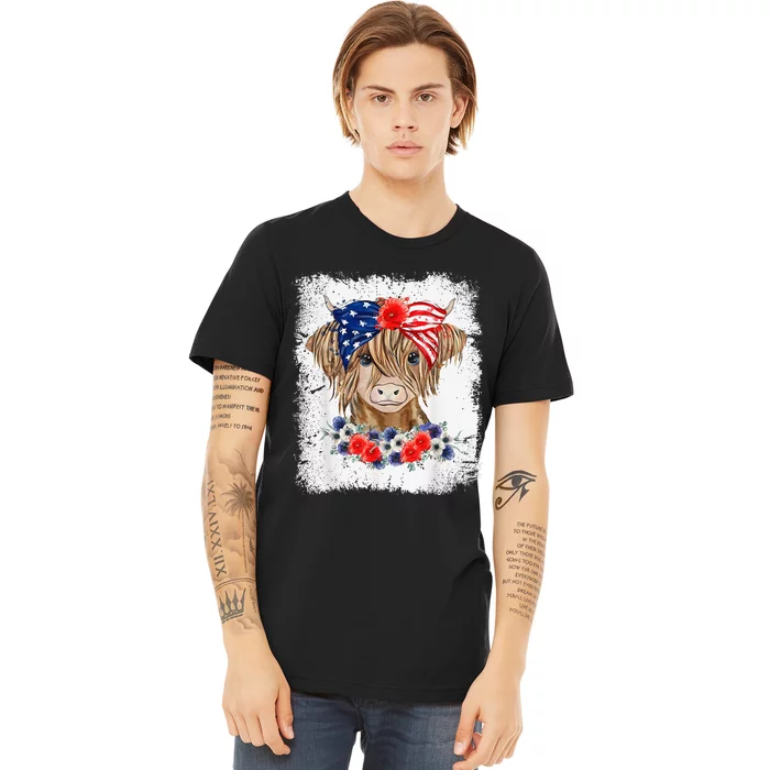 Bleached 4th Of July Long Haired Calf USA Patriotic Cow Premium T-Shirt