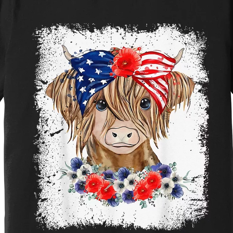 Bleached 4th Of July Long Haired Calf USA Patriotic Cow Premium T-Shirt