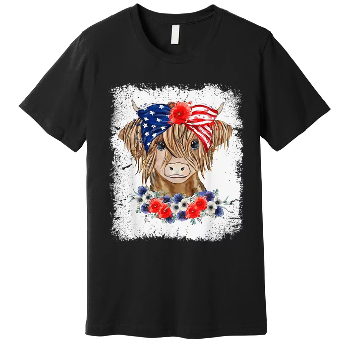 Bleached 4th Of July Long Haired Calf USA Patriotic Cow Premium T-Shirt