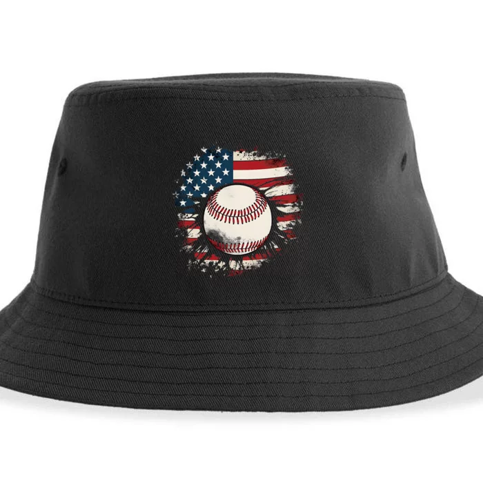 Baseball 4th Of July USA American Flag Patriotic Sustainable Bucket Hat