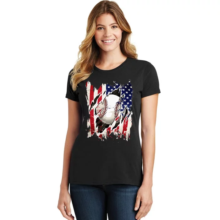 Baseball 4th Of July Patriotic Usa American Flag Women's T-Shirt