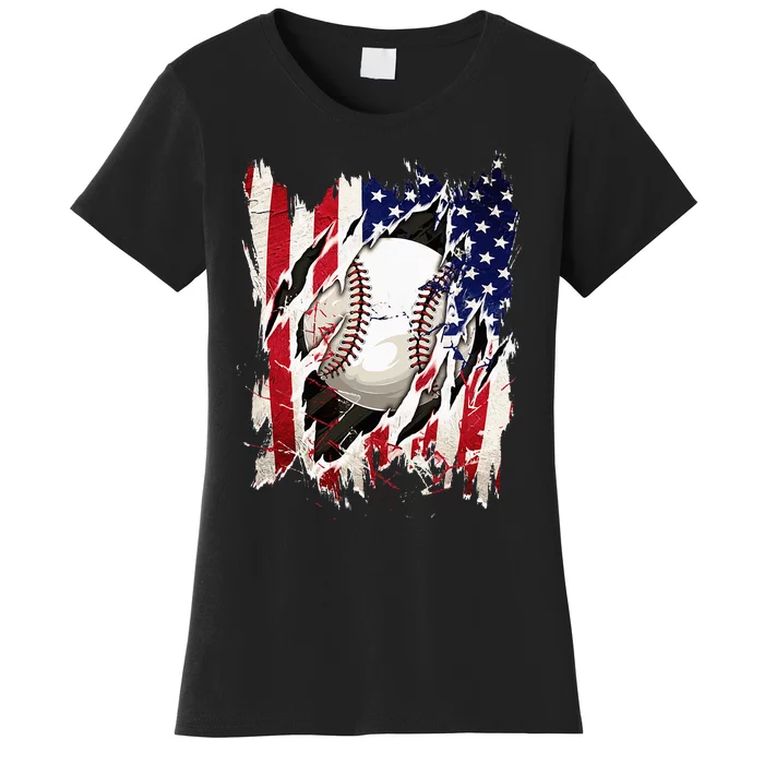 Baseball 4th Of July Patriotic Usa American Flag Women's T-Shirt