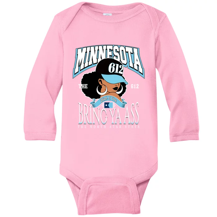 Bold 612 Afro Queen Design Minnesota Bring Ya Ass Funny Gift Baby Long Sleeve Bodysuit