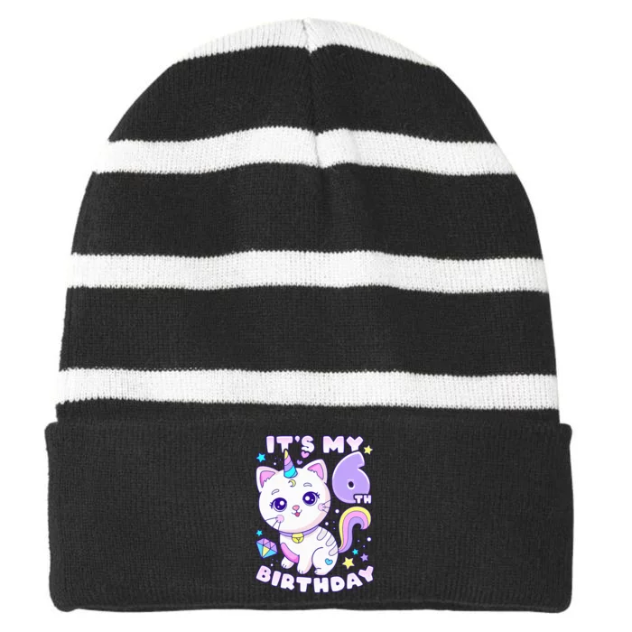 Birthday 6 years old cat unicorn 6th birthday Striped Beanie with Solid Band