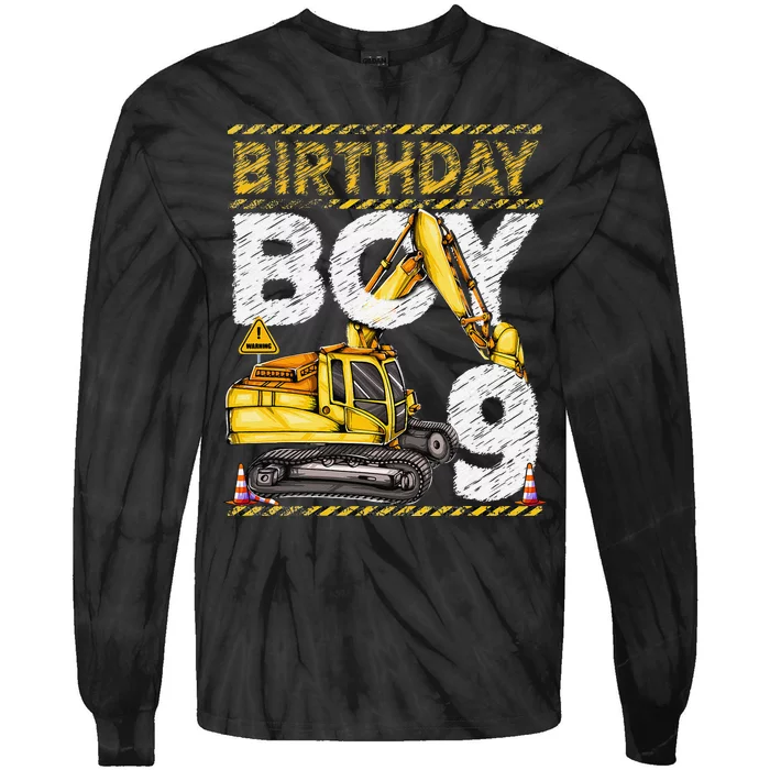 Birthday 9 Construction 9th Birthday Excavator Birthday Tie-Dye Long Sleeve Shirt