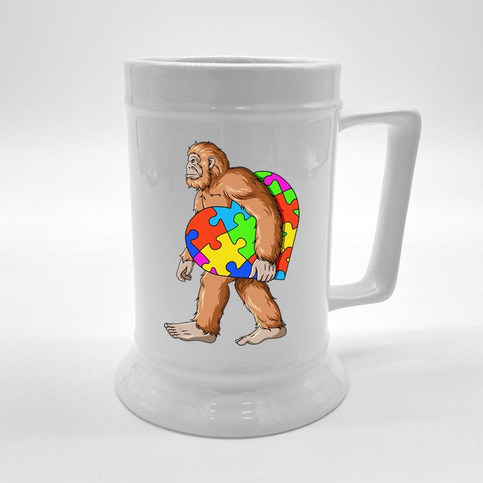 Bigfoot Autism Awareness Heart Puzzle Piece Sasquatch Front & Back Beer Stein