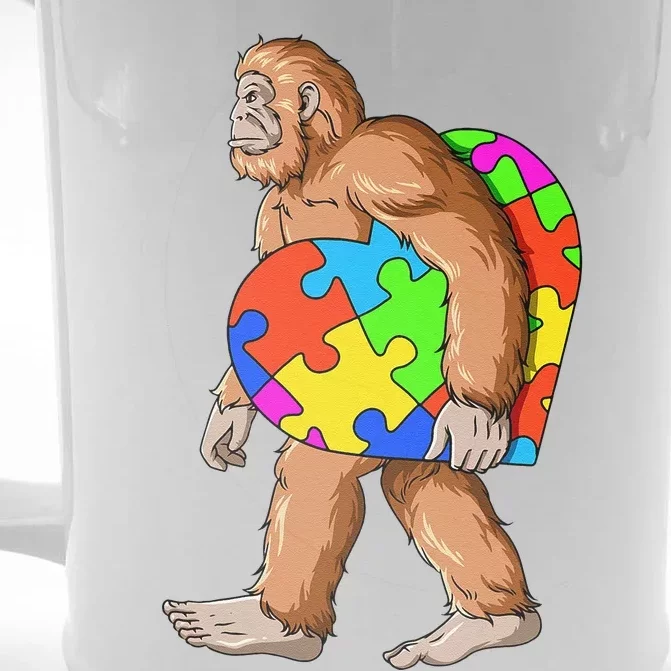 Bigfoot Autism Awareness Heart Puzzle Piece Sasquatch Front & Back Beer Stein