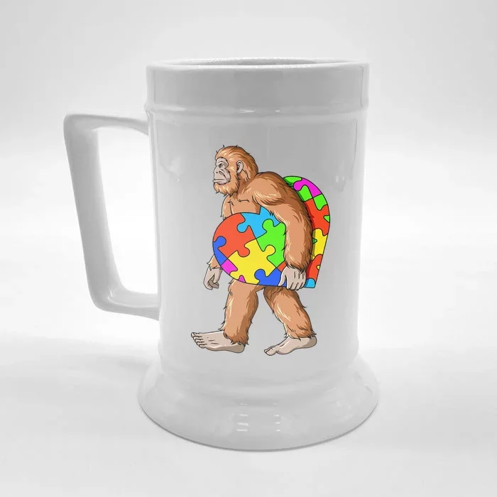 Bigfoot Autism Awareness Heart Puzzle Piece Sasquatch Front & Back Beer Stein