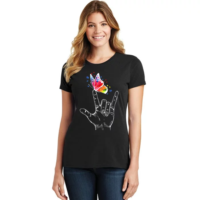 Butterfly Autism Awareness I Love You Hand Sign Language Women's T-Shirt