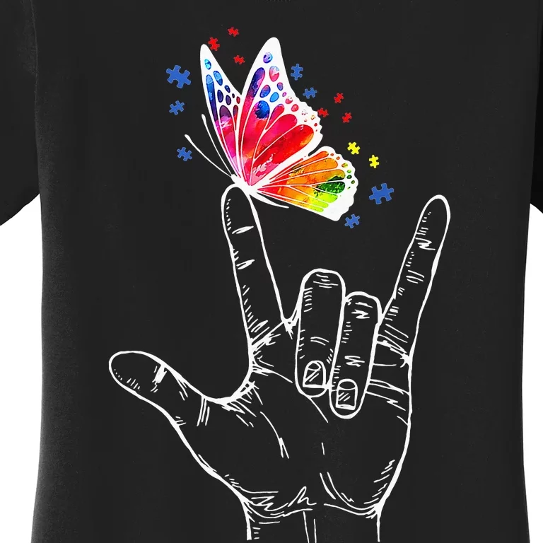 Butterfly Autism Awareness I Love You Hand Sign Language Women's T-Shirt