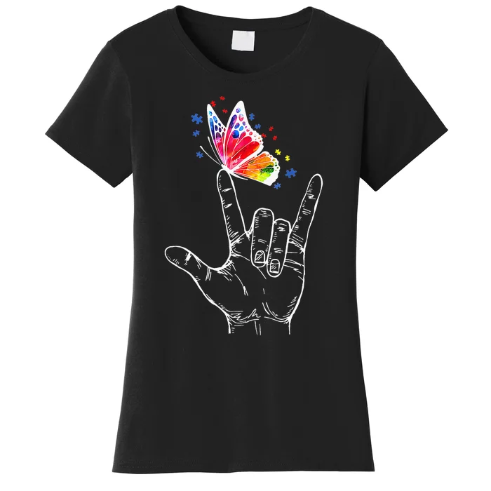 Butterfly Autism Awareness I Love You Hand Sign Language Women's T-Shirt