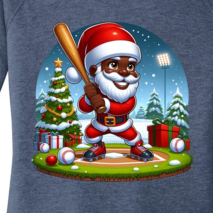 Black African American Santa Claus Baseball Christmas Pjs Gift Women's Perfect Tri Tunic Long Sleeve Shirt