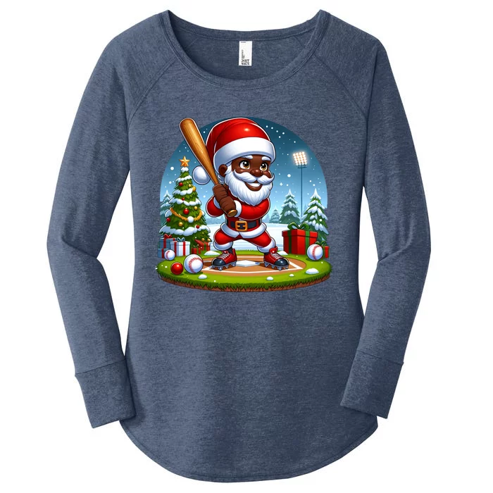 Black African American Santa Claus Baseball Christmas Pjs Gift Women's Perfect Tri Tunic Long Sleeve Shirt