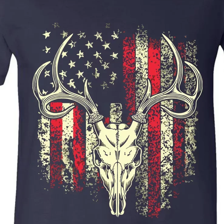 Bucks Antlers And Skull On An American Flag Deer Hunters V-Neck T-Shirt