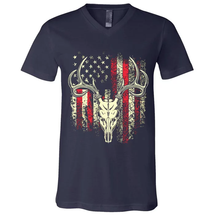 Bucks Antlers And Skull On An American Flag Deer Hunters V-Neck T-Shirt