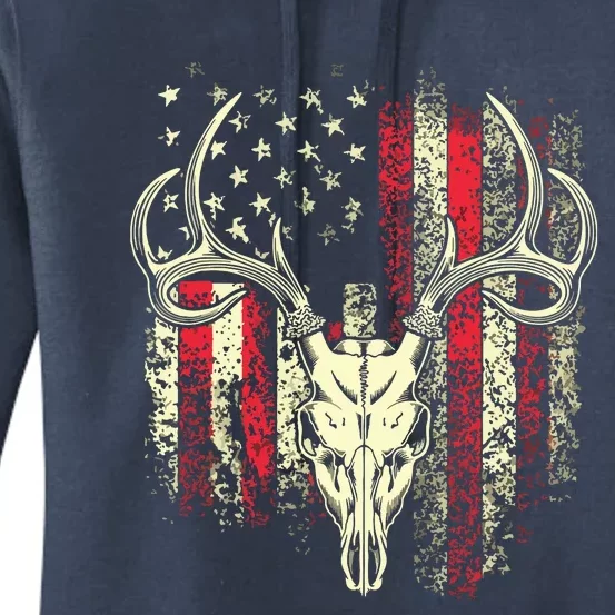 Bucks Antlers And Skull On An American Flag Deer Hunters Women's Pullover Hoodie