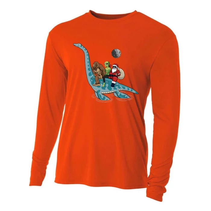 Bigfoot Alien And Santa Claus Riding Dinosaurs Christmas Gift Cooling Performance Long Sleeve Crew