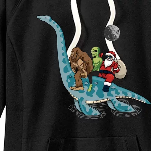 Bigfoot Alien And Santa Claus Riding Dinosaurs Christmas Gift Women's Fleece Hoodie