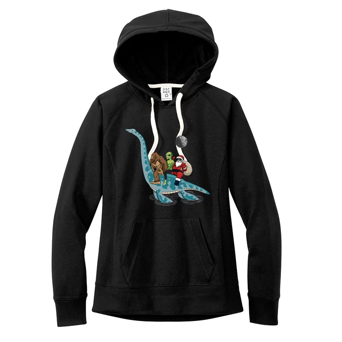 Bigfoot Alien And Santa Claus Riding Dinosaurs Christmas Gift Women's Fleece Hoodie