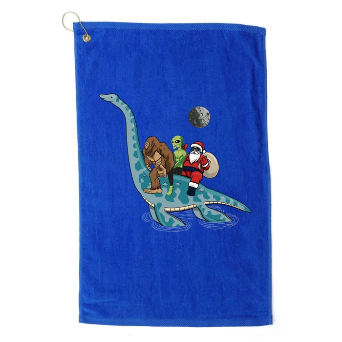 Bigfoot Alien And Santa Claus Riding Dinosaurs Christmas Gift Platinum Collection Golf Towel