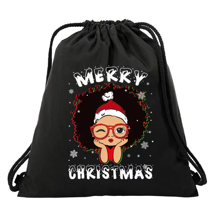 Black African American Girl Santa Hat Christmas Melanin Drawstring Bag