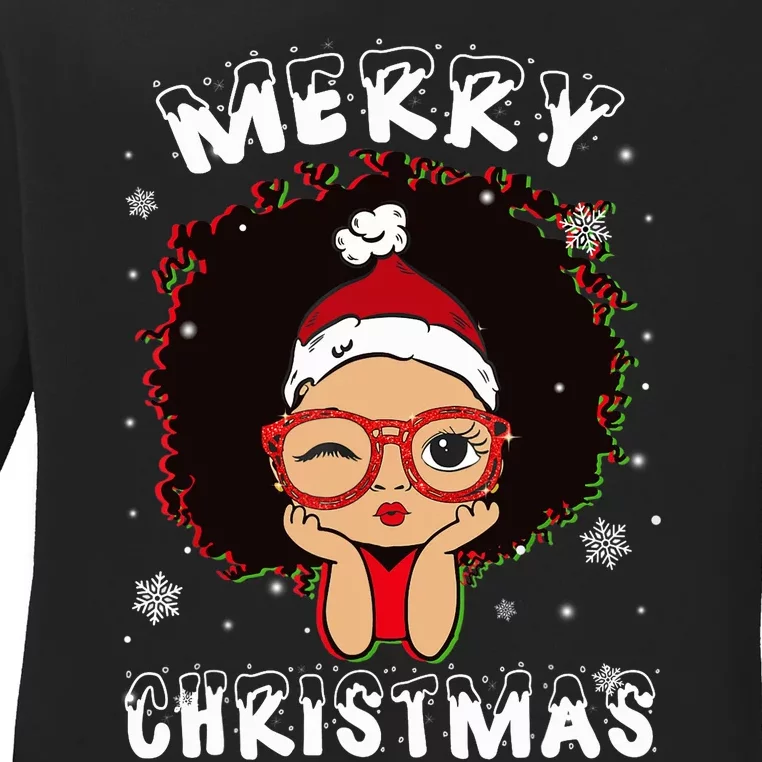 Black African American Girl Santa Hat Christmas Melanin Ladies Long Sleeve Shirt