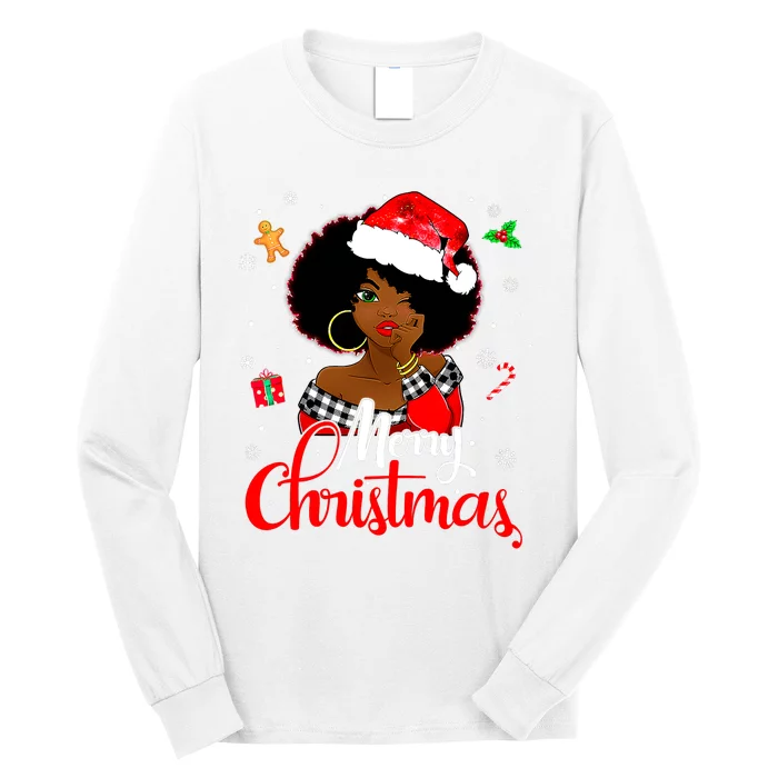 Black African  American Melanin Christmas Santa Hat Xmas Long Sleeve Shirt