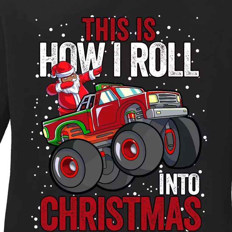 Black African American Santa Claus Monster Truck Christmas Ladies Long Sleeve Shirt