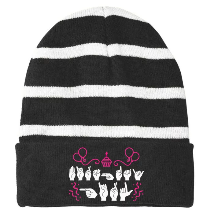 Birthday ASL American Sign Language Striped Beanie with Solid Band