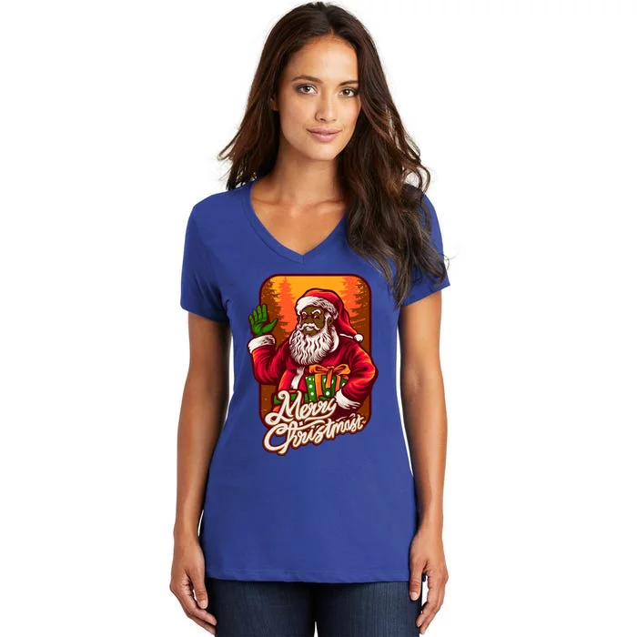 Black African American Santa Matching Christmas Pajamas Gift Women's V-Neck T-Shirt