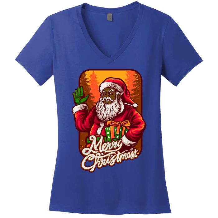 Black African American Santa Matching Christmas Pajamas Gift Women's V-Neck T-Shirt