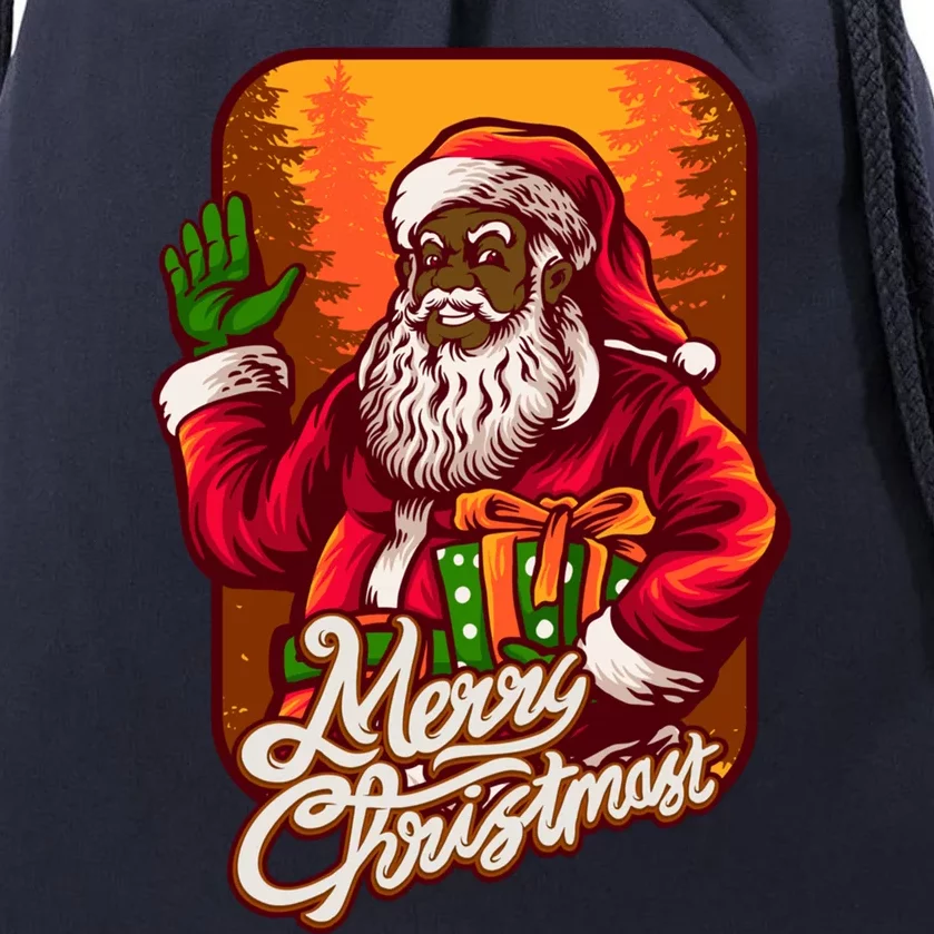 Black African American Santa Matching Christmas Pajamas Gift Drawstring Bag