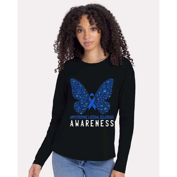 Butterfly ALS Awareness Month Blue Ribbon Support Squad Womens Cotton Relaxed Long Sleeve T-Shirt