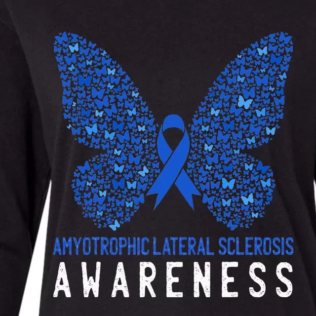 Butterfly ALS Awareness Month Blue Ribbon Support Squad Womens Cotton Relaxed Long Sleeve T-Shirt