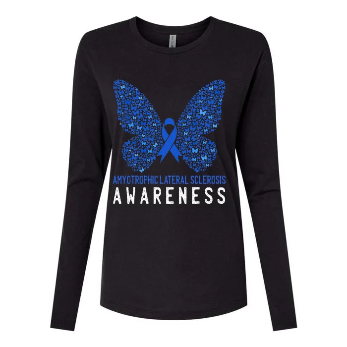 Butterfly ALS Awareness Month Blue Ribbon Support Squad Womens Cotton Relaxed Long Sleeve T-Shirt