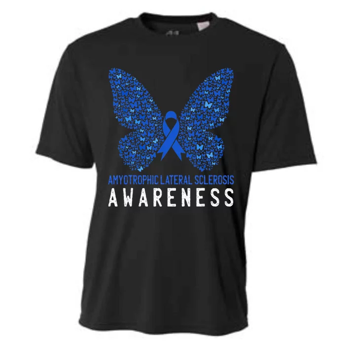 Butterfly ALS Awareness Month Blue Ribbon Support Squad Cooling Performance Crew T-Shirt